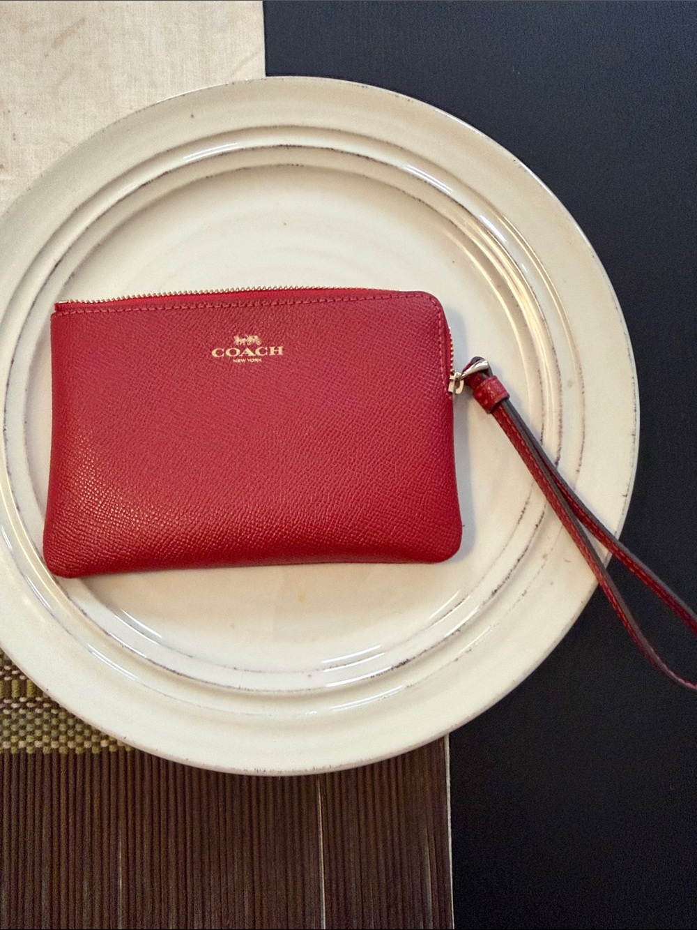 Coach Red Leather Card Wristlet with Gold Logo NWOT